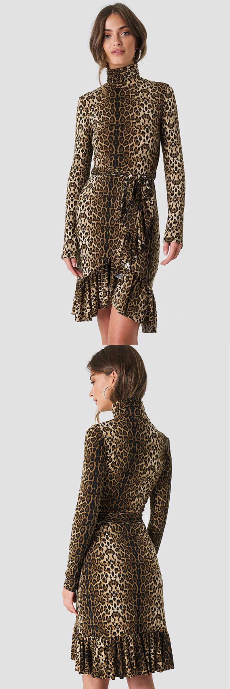 Autumn Fashion Women Long Sleeve And High Neck Leo Polo Dress Brown