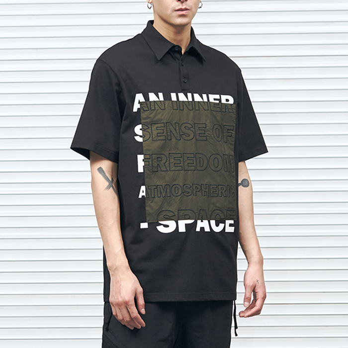 Black Color Stylish Mens T Shirts Polyester / Cotton Material Patchwork Pattern