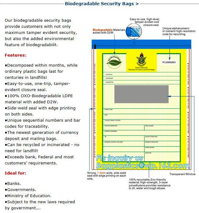 Security plastic bag with adhesive tape for cash, plastic money bag, Security Money Cash Bag For Airport/Bank and police