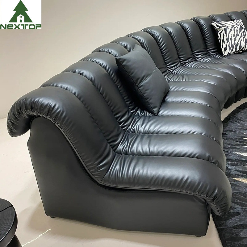 Luxury Black Leather Curved Piano Sofa Large Lobby Set For Hotel Villa