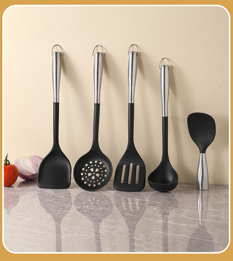 5Pcs Non-stick Kitchen Utensil Silicone Cooking Utensil Set Silicone Cookware Kitchen Tools Gift with Stainless Handle