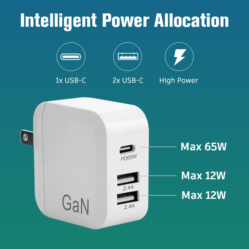 65W 3.0 GaN USB C Charger Type C Foldable Adapter With 3 Port