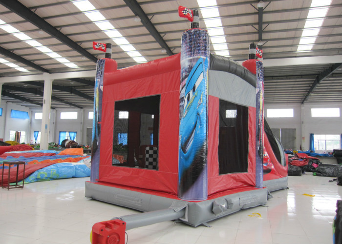 Big size inflatable racing car themed bouncy castle PVC fabric full printing inflatable car jumping house with slide