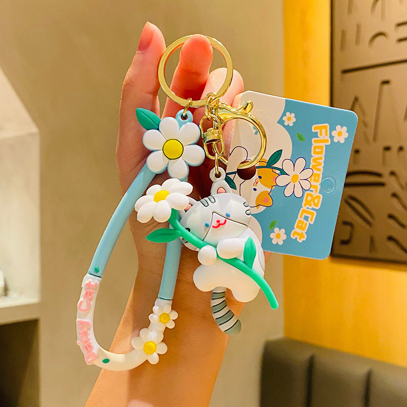 Customized Silicone Keychain Accessory Cat Flower Cute Cartoon Soft Silicone Keychain Charms