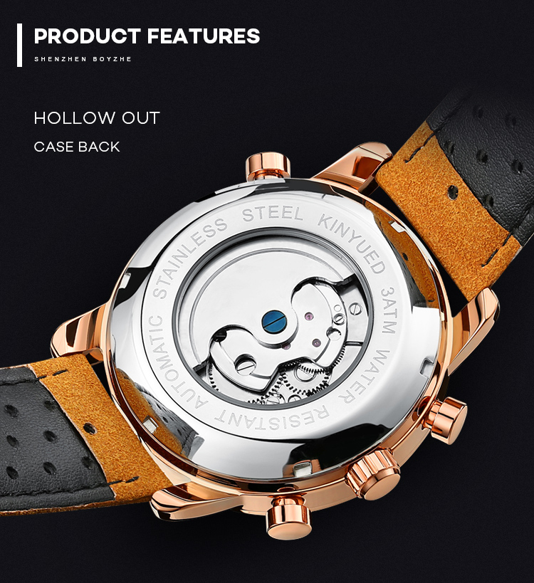 KINYUED J019-5 Tourbillon automatic mechanical genuine leather business waterproof fashion sport men watches