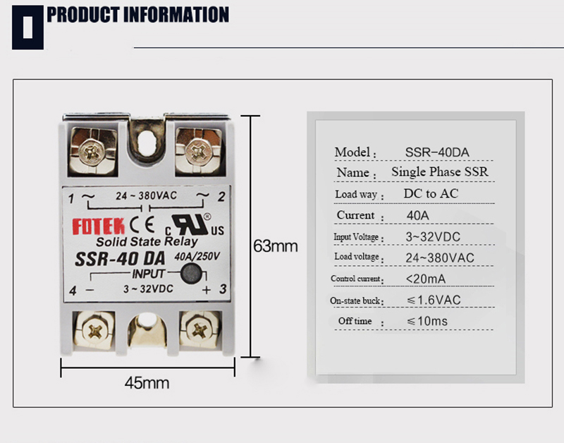 40A DC to AC Solid State Relay SSR Relay FOTEK 40DA Solid State Relay SSR-40DA