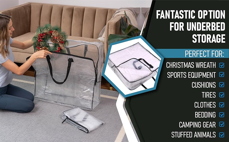 Fantastic option for underbed storage. Woman putting a wreath inside a extra-large clear storage bag