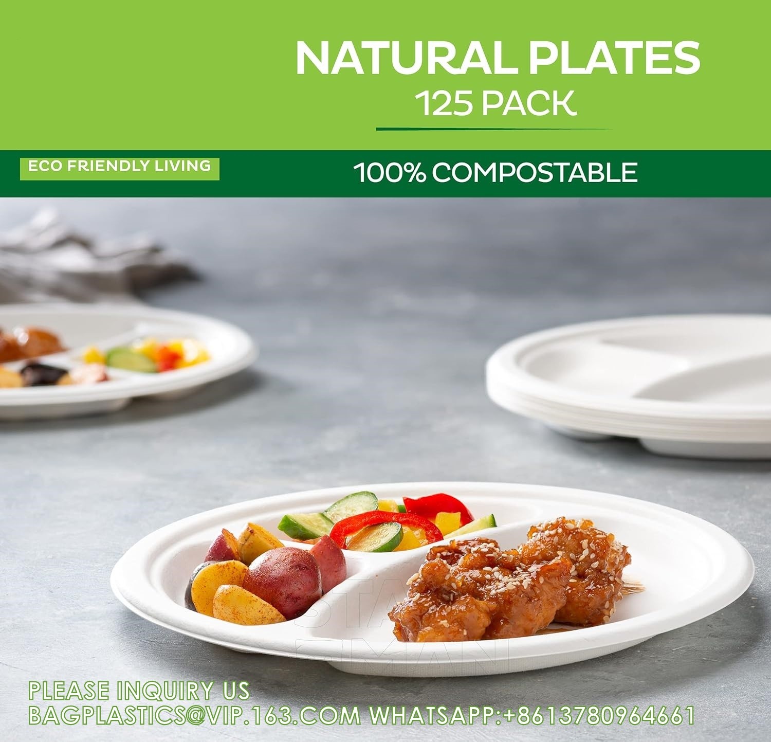 Compostable Disposable Paper Plates 10 Inch Heavy Duty, Eco-Friendly 9" Natural Disposable Paper Plates 3 Compartment