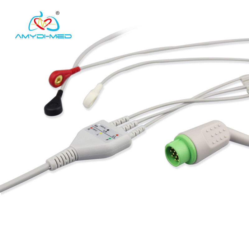 12 Pins Snap 3 Lead Ecg Cable 2.4M Main Cable 0.9M Leadwire HP Compatible