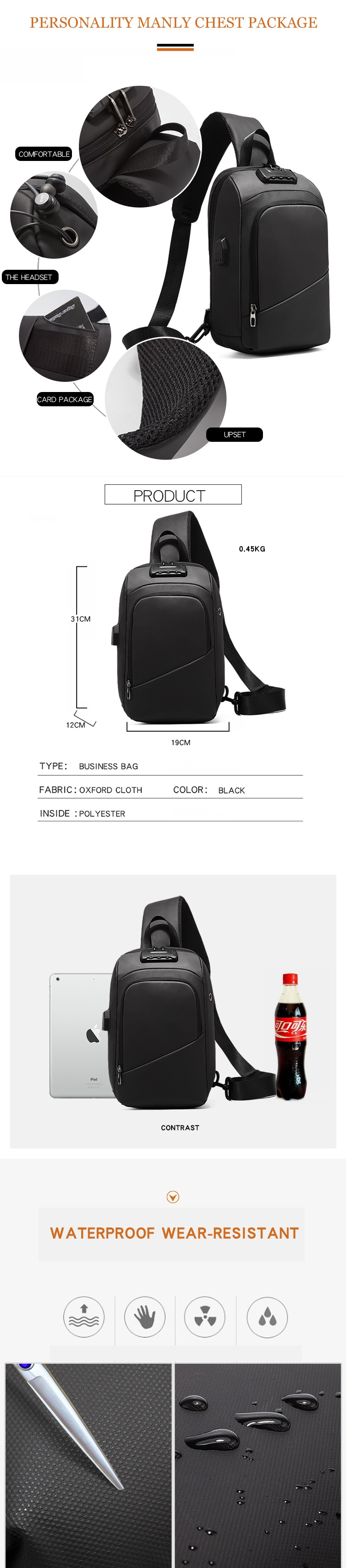ISO9001 Anti Theft Lock Crossbody Chest Sling Bag For Men 19*12*31cm