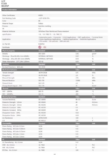 Japan Baoli E130i-BK205P LCP Plastic Material GF30 Electrical Components LCP Liquid Crystal Polymer