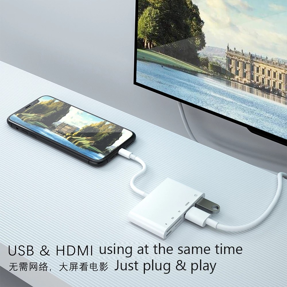 1080P Lightning To HDMI Cable USB SD TF Card Reader Digital AV TV OTG Adapter Hub