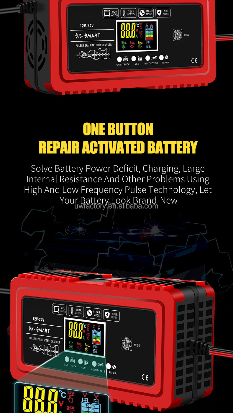 Advanced Technology 12V 12A 24V 6A Pulse Repair Lead Acid Battery Charger with 15W/10W/7.5W/5W Automatic Identification