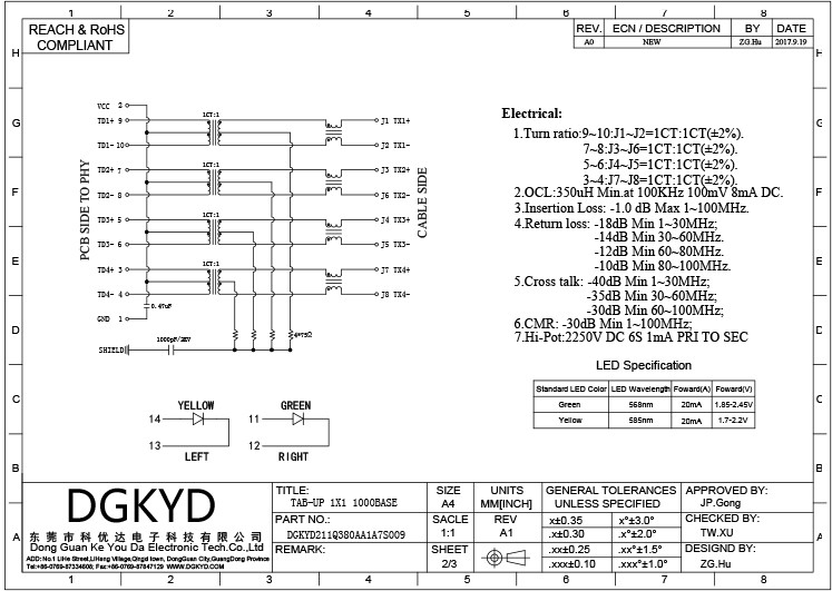 DGKYD211Q380AA1A7S009 SMD 6U RJ45 Network Interface Shielded Gigabit Integrated Filter