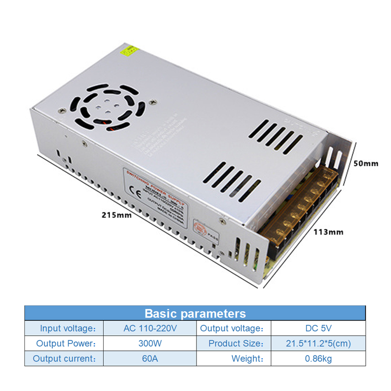 Switching Power Supply 5V 300W 60A Lighting Transformer AC 110V 220V to DC 5 volt Converter Adapter
