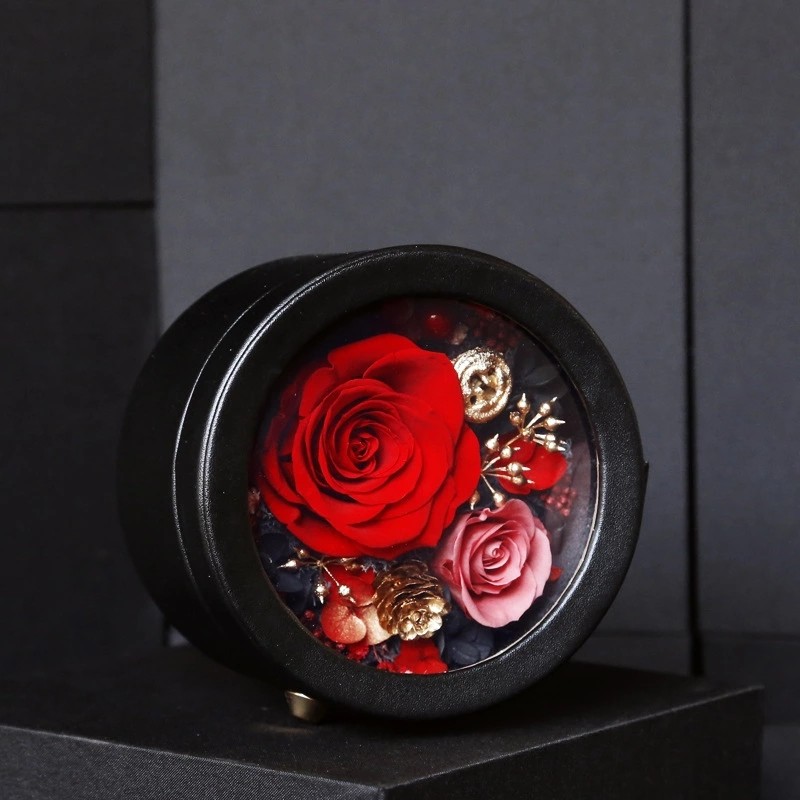 New design long life flowers round leather box preserved rose gift for lover rose gift