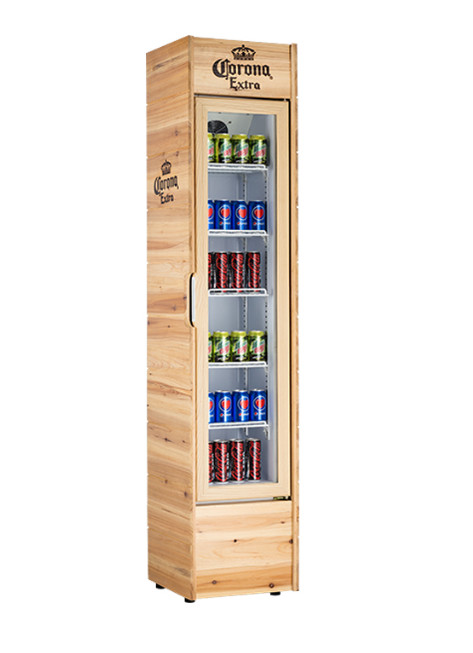 Slim fridge displaying Cooler Wooden case
