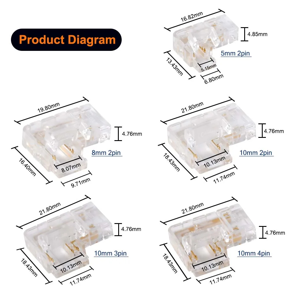 5mm 8mm 10mm LED Strip Connector L Shape Dual End Single End Transparent Reusable IP20