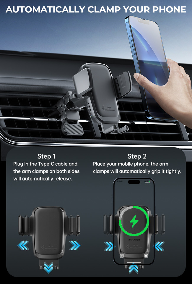 Fast Charging Iphone Car Charger Three Axis Linkage Wireless Car Charger
