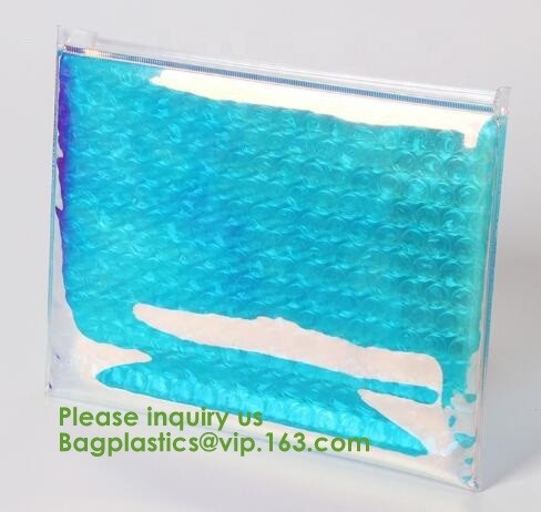 Compostable metallic glossy holographic private label bubble mailing bag, zip slider clear glitter bubble pouch bag