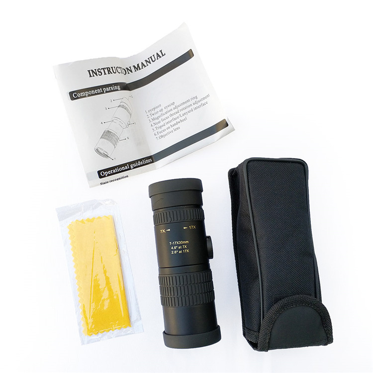 7-17X30 Zoom Monocular Telescope OEM Black Telescope With Smartphone Adapter / Tripod