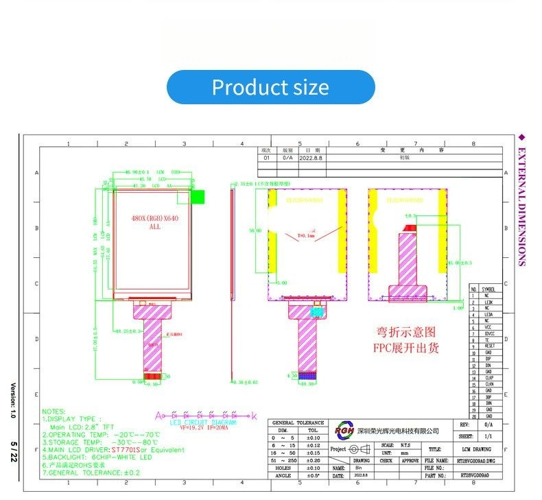 2.8 Inch IPS TFT LCD Display 480*640 Resolution LCD Screen With 500cd/M2 Luminance