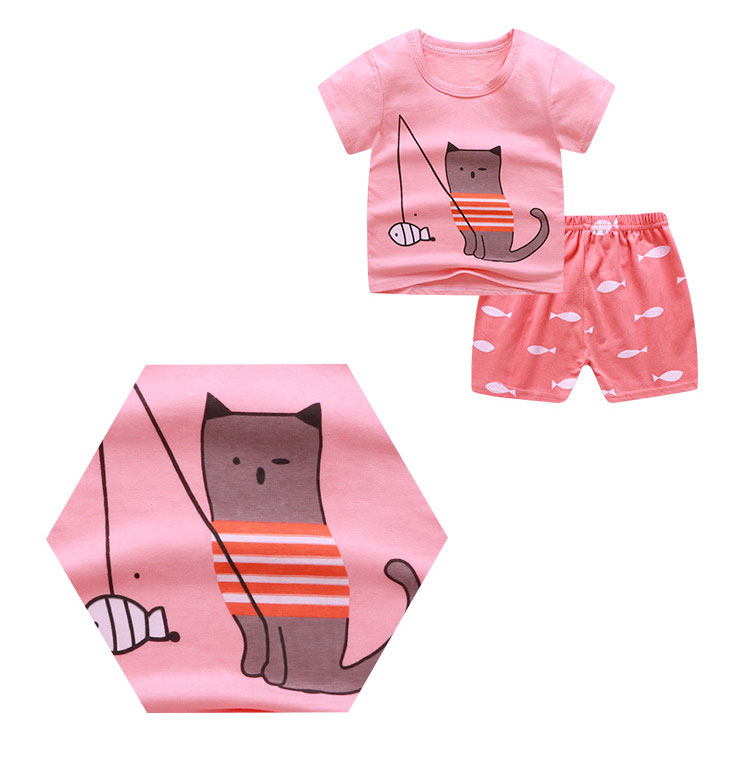 Summer Kids Pajama Set Plain Animal Short Sleeve Tee And Shorts