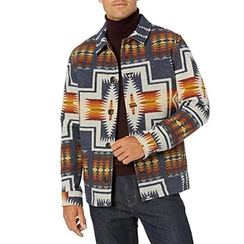 Western Clothing Custom Plus Size Men&prime;s Geometric Pattern Single Breasted Turndown Aztec Style Coats Jackets for Men