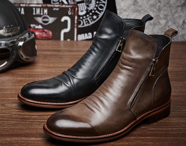 Round Toe Mens Ankle Boots Lace Up Genuine Leather Vintage Pointed Toe Boots