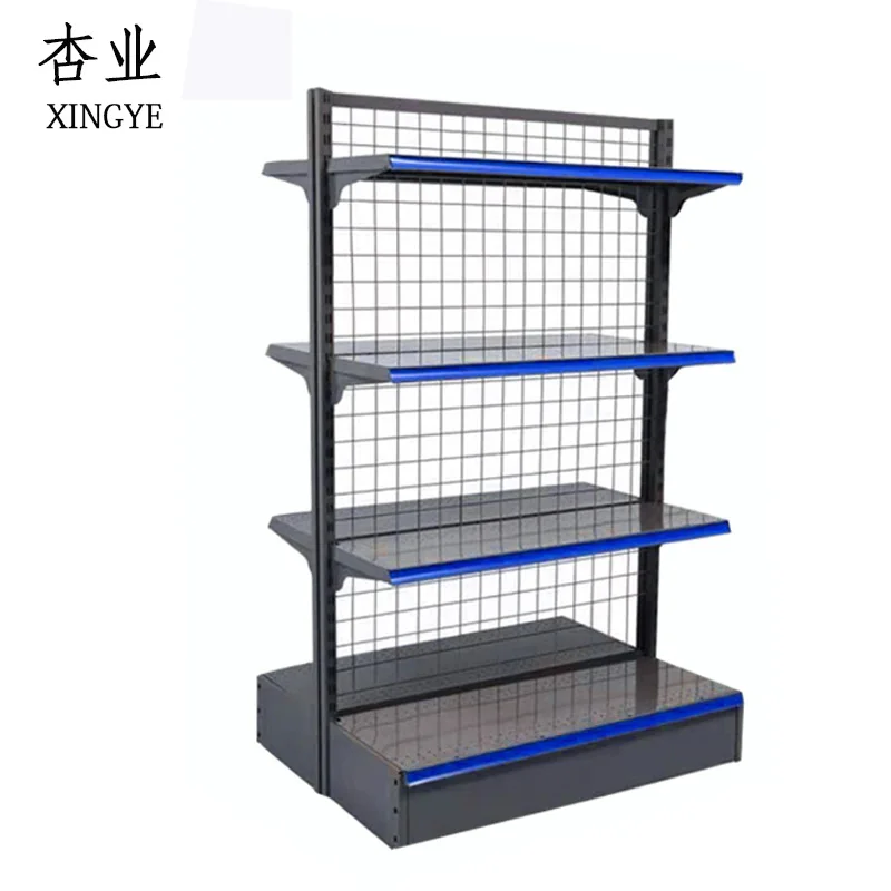 Snack Mesh Back Gondola Shelving Movable White Supermarket Display Shelf