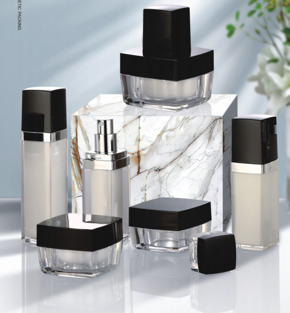 Square Shape Double Walls Facial Cream Lotion Cosmetic Packaging Bottle with Black Cap