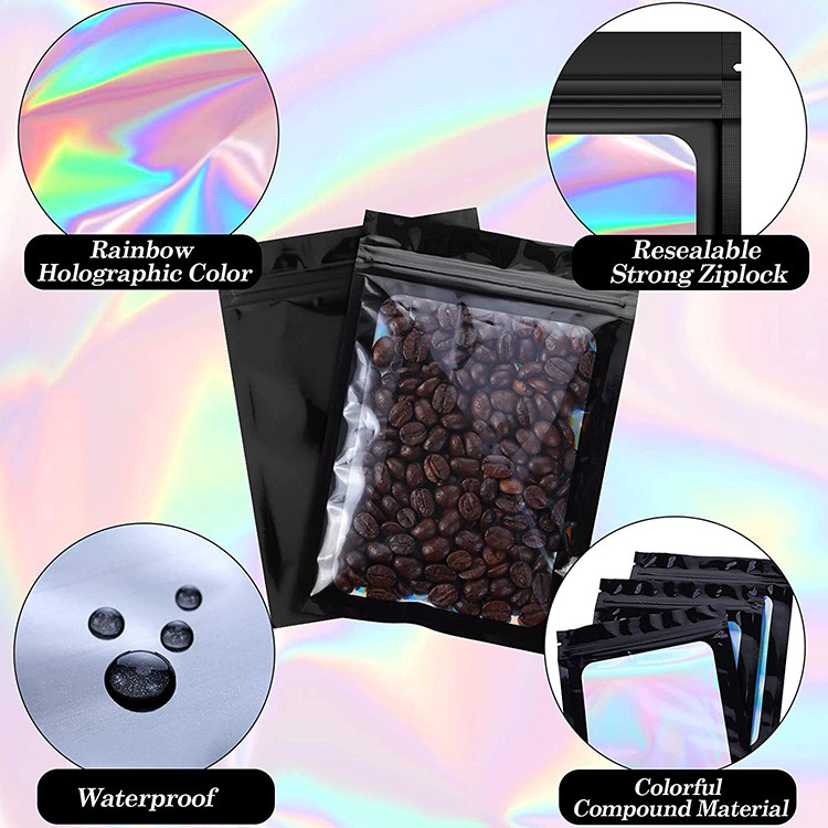 Smell Proof Food Mylar Resealable Holographic Pouch Bag With Clear Window