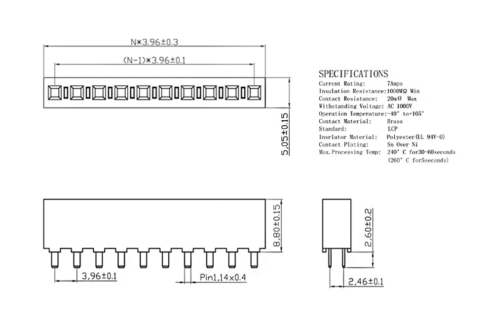 3.96mm Pitch Single Row 4-40 Pin Female Header Connector Straight DIP