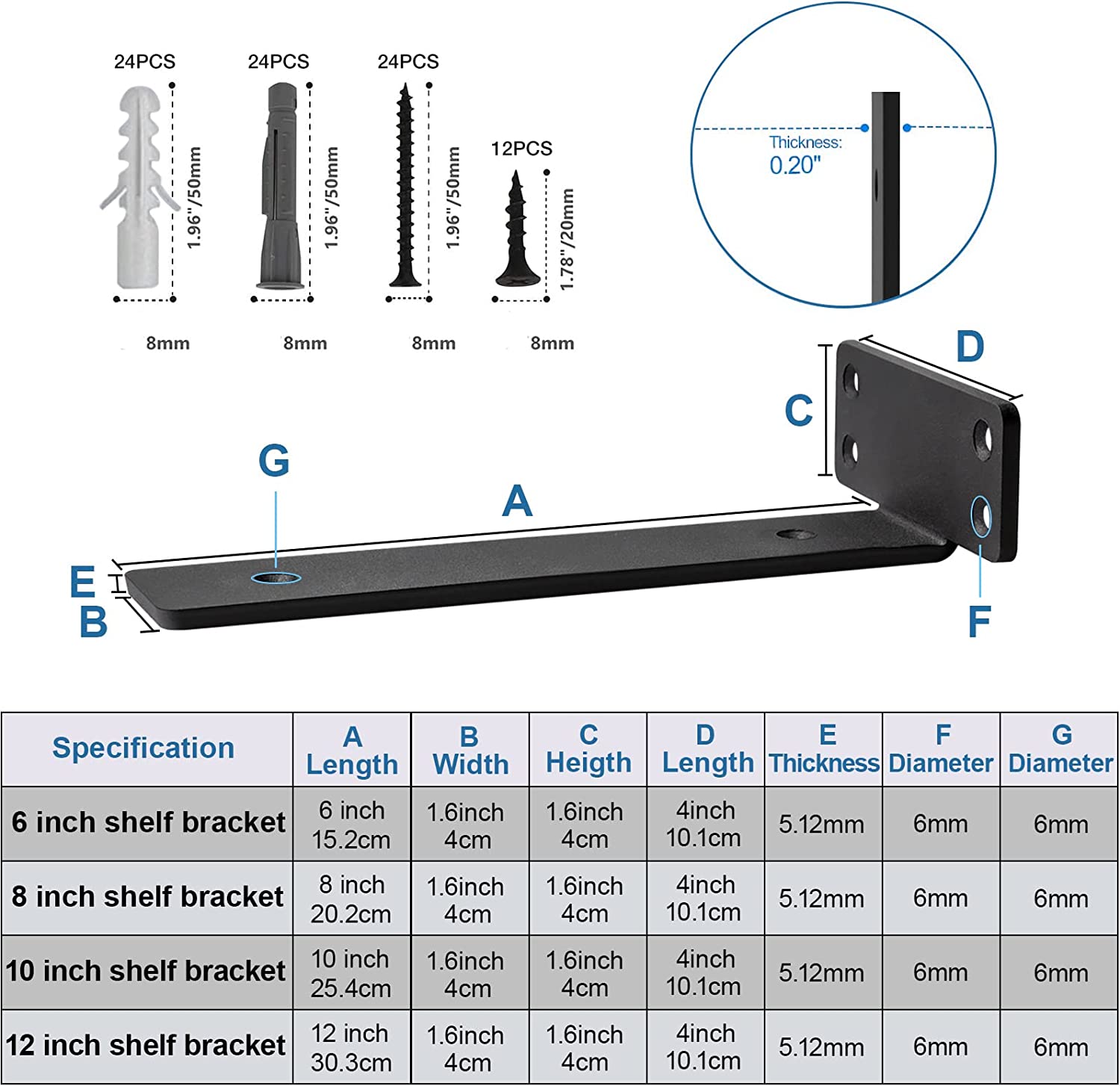8 Inch Black Metal L Brackets Hidden Brackets for Floating Wood Shelves Tolerance 0.02