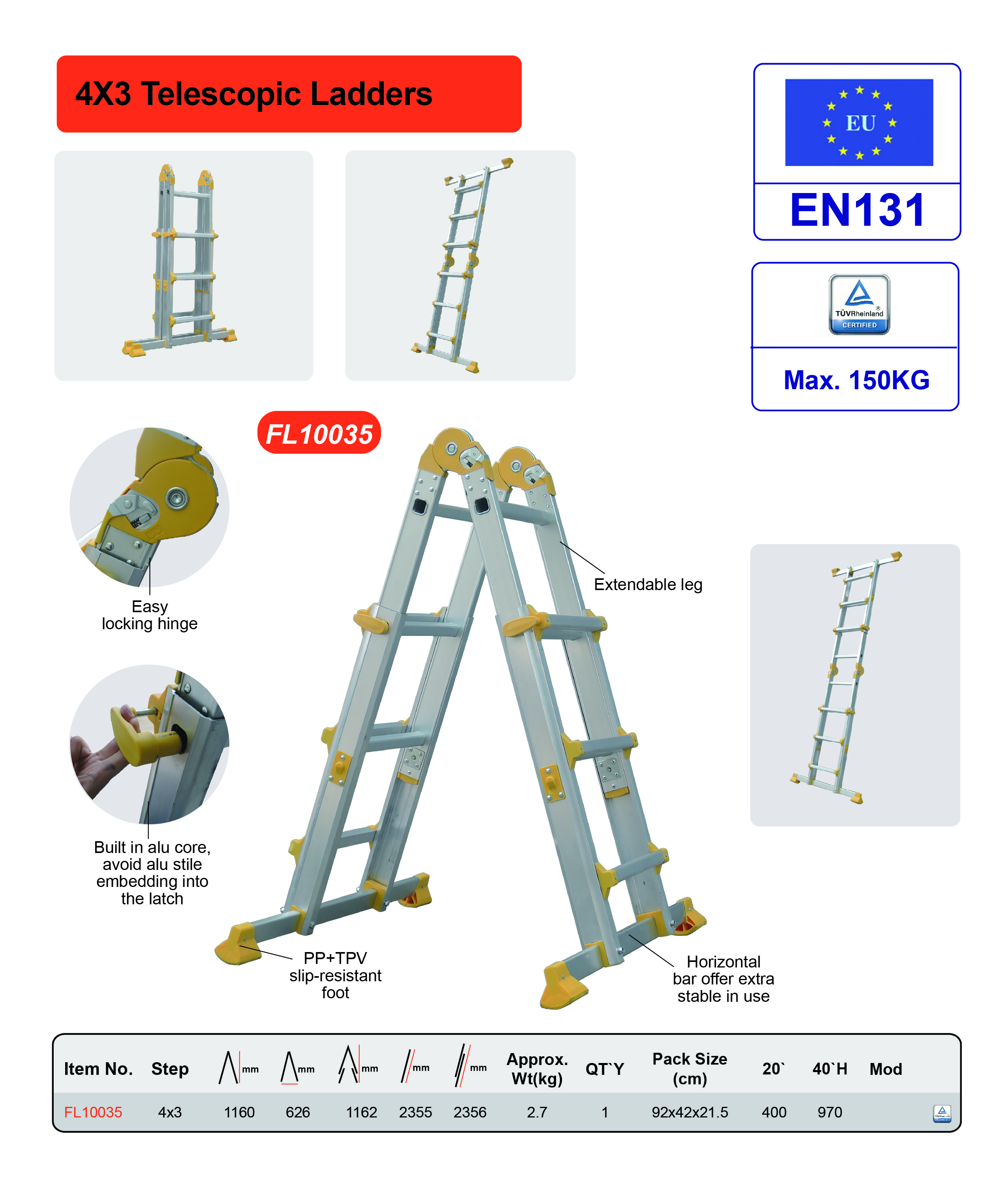 Outdoor Aluminum Telescopic Ladder 4x3 Corrosion Resistant Long Life Span