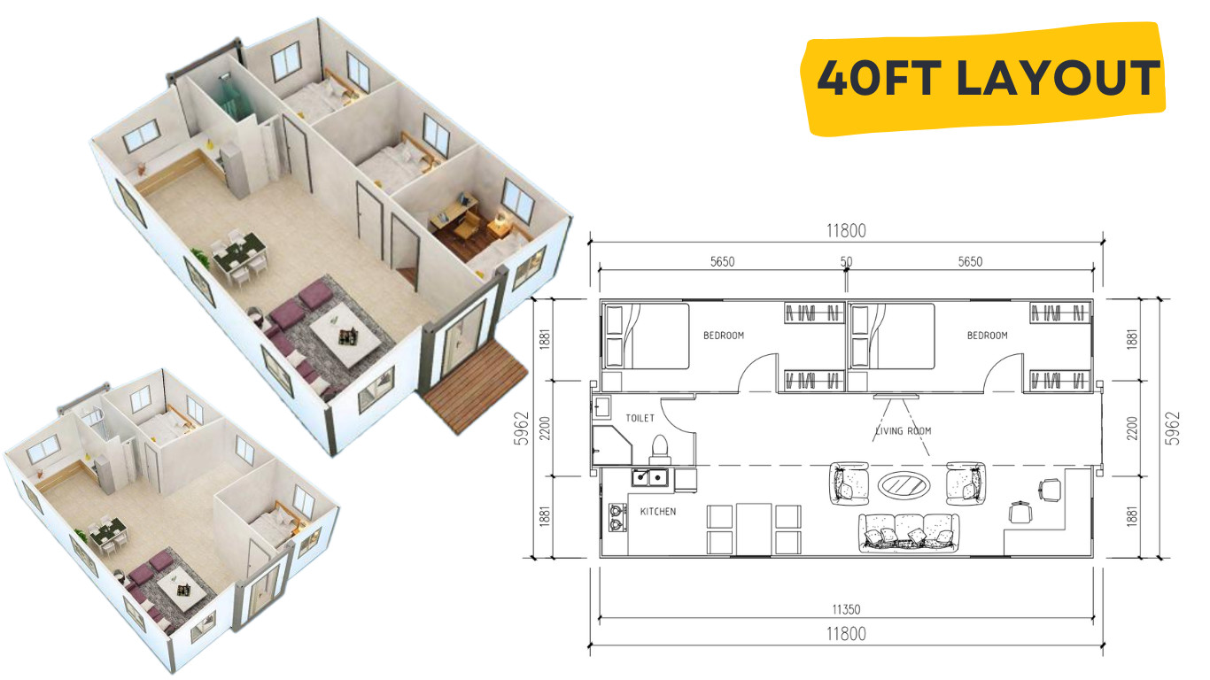 Flat 40ft Expandable Container Homes , 2 Bedroom Prefab Folding Container House
