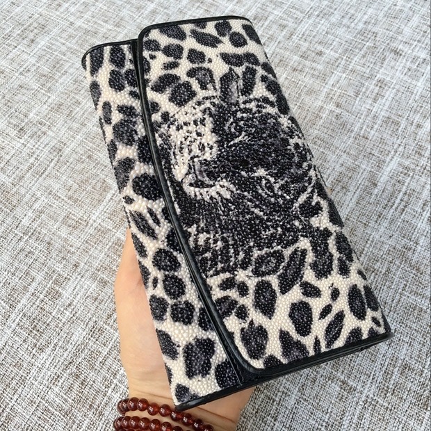 Authentic Stingray Skin Leopard Tiger Designer Long Wallet Genuine Leather Women Large Clutch Purse Lady Card Holder