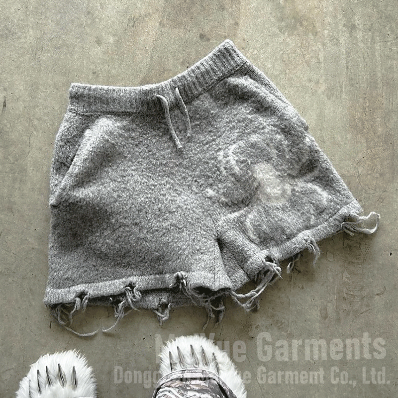 Custom Shorts Print Logo High Quality Fluffy Fuzzy Knitted Mohair Wool Below Knee Drawstring Streetwear Oversized Shorts for Men