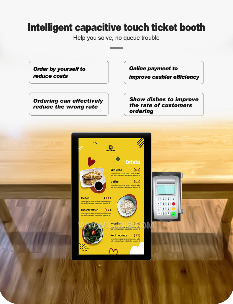 Standalone OS 15.6 inch Wall Mount Self Service Touch Screen Payment Machine with Scanner for QR code/Bar code/IC card