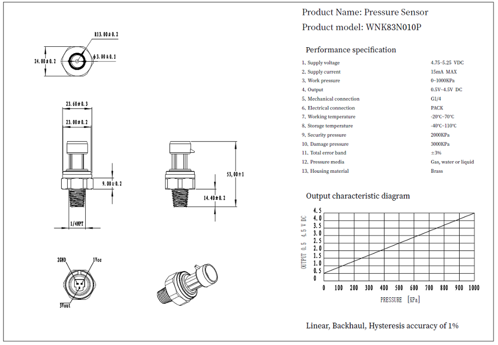 ODM Compact Brass Electronic Air Pressure Sensor With 1 Year Warranty