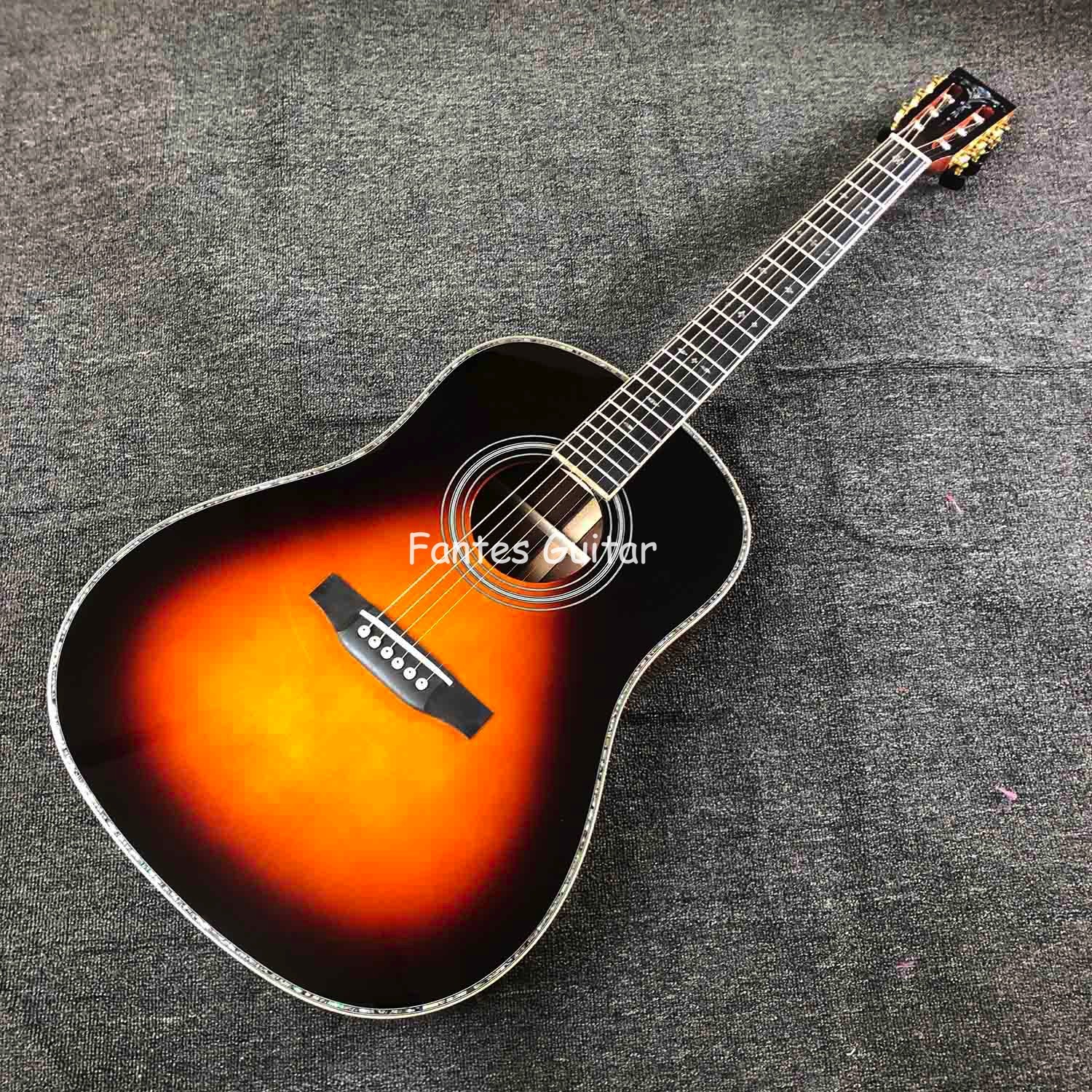 Custom Solid Cocobolo Back Side Real Abalone Inlay D Body Dreadnought Acoustic Guitar in Sunburst Color
