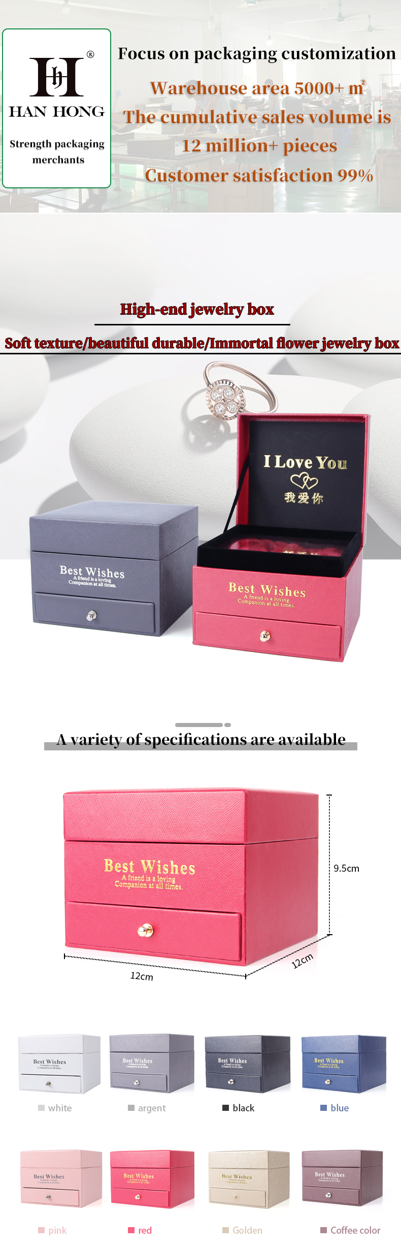 Customized Size Luxury Square Jewelry Box Jewellry Gift Wrapping Box With Rose