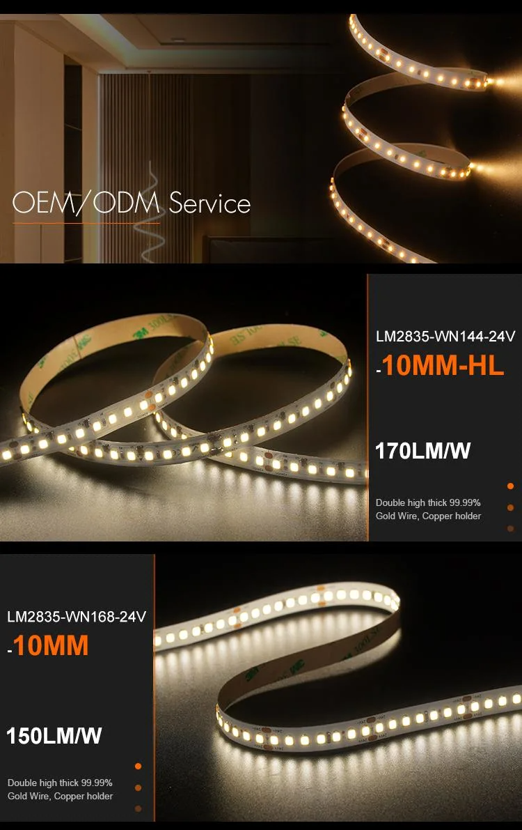 High Brightness 24v 140leds 8mm 2700K Warm Electroplate Board SMD2835 Led Strip Light