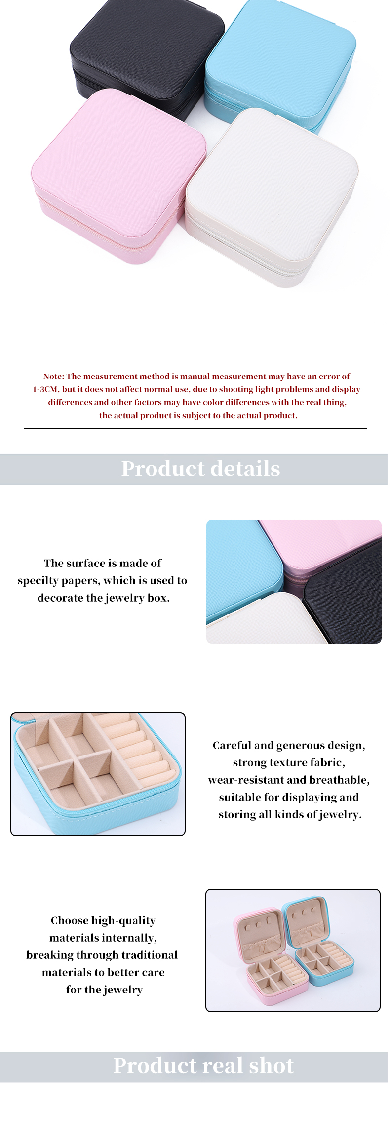 Multiple Compartments PU Leather Travel Jewelry Organizer Box Zipper Bag