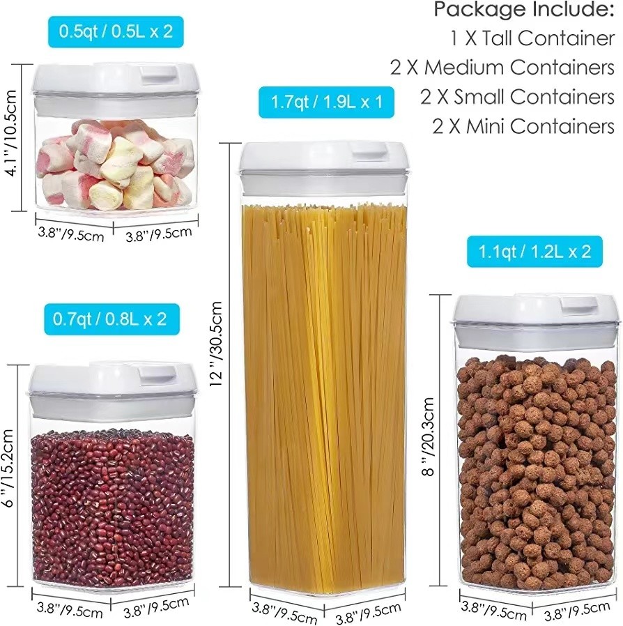 9 Pcs Set Stackable Transparent Pantry Airtight Cereal Dry Food Plastic Storage Containers with White Lid