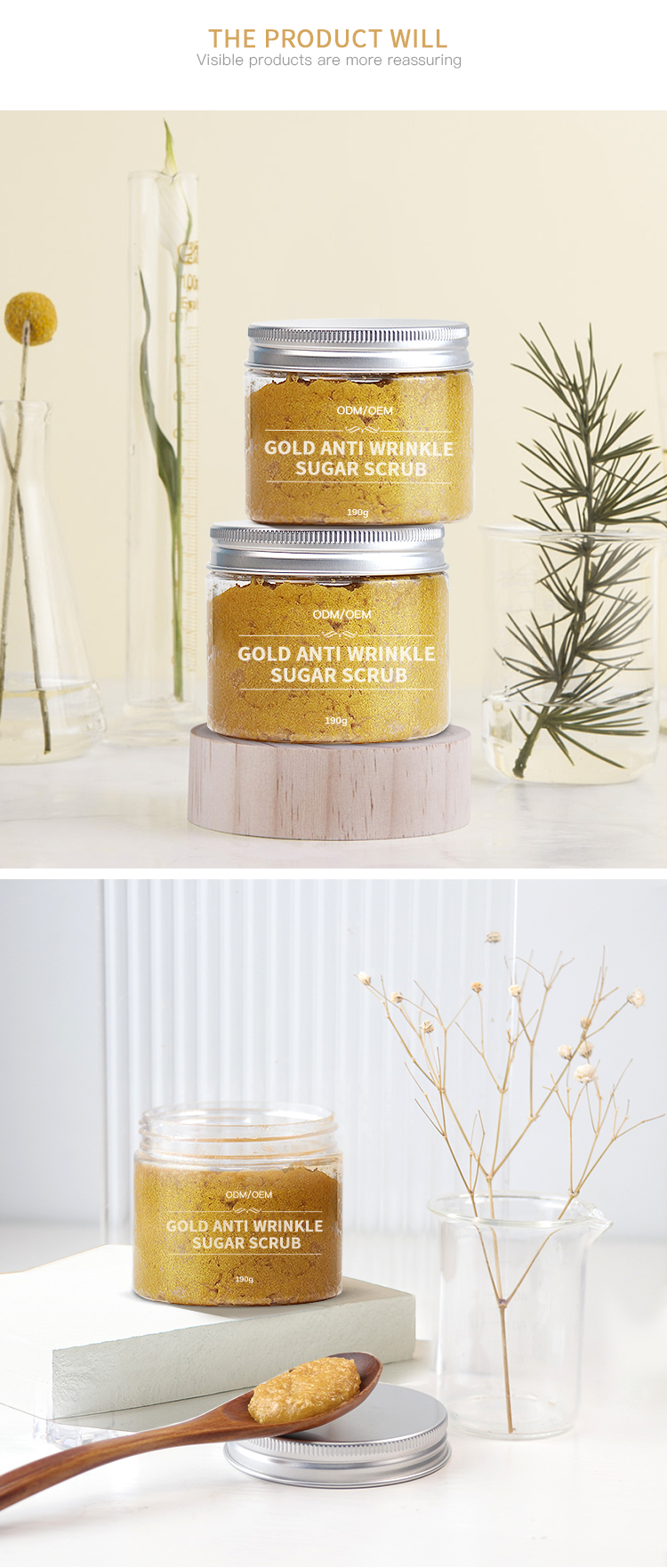 210g 24K Gold Exfoliating Sugar Body Scrub OEM Skin Care Products GMPC Approval