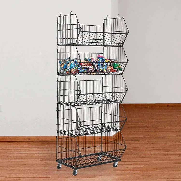 Factory Customized Size Thickness Color Black 4 Tiers Stackable Wire Baskets Storage Vegetable Fruit Grid Stackable Basket for S