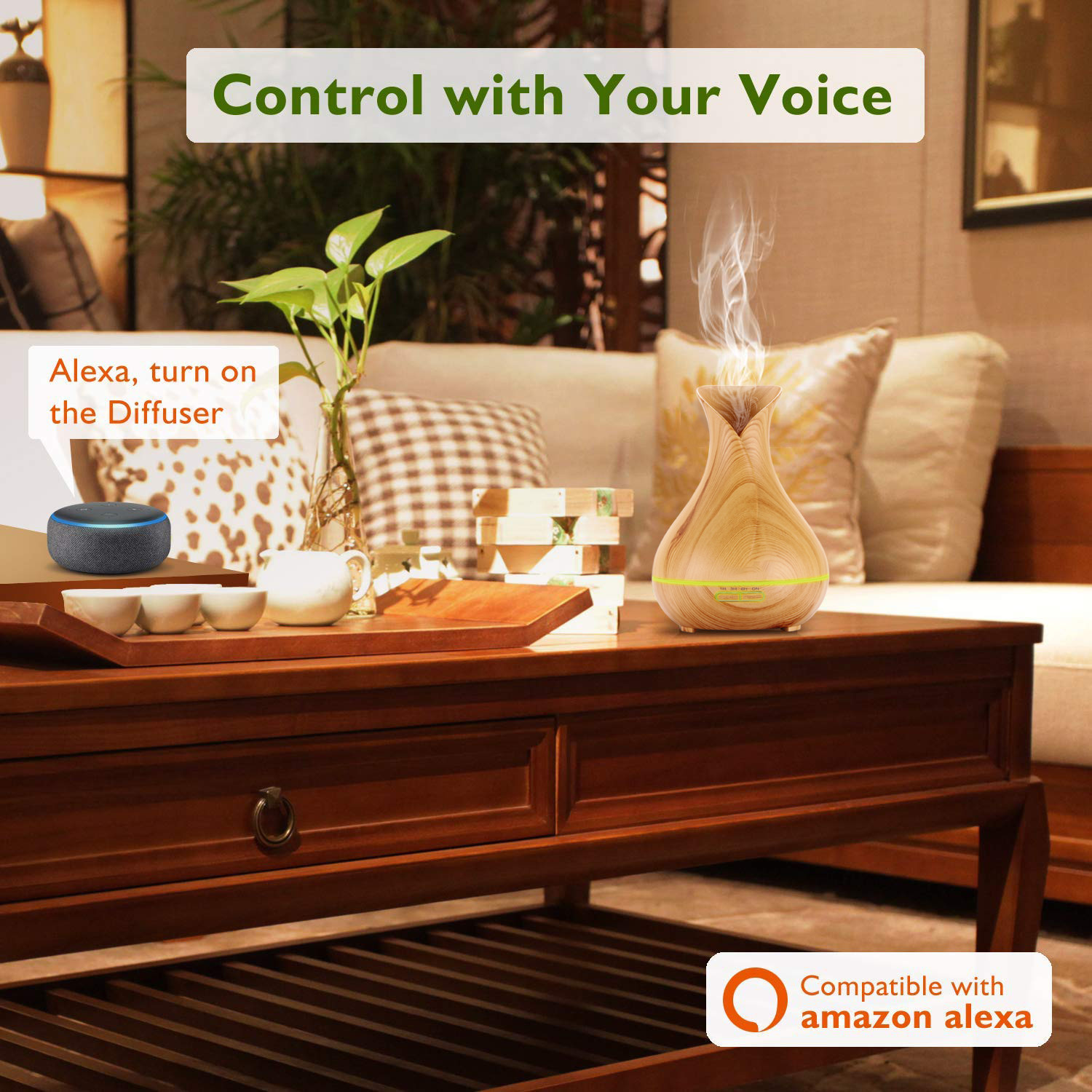 Smart Wi-Fi Aromatherapy Air Humidifier App Control Wood Essential Oil Aroma Diffuser