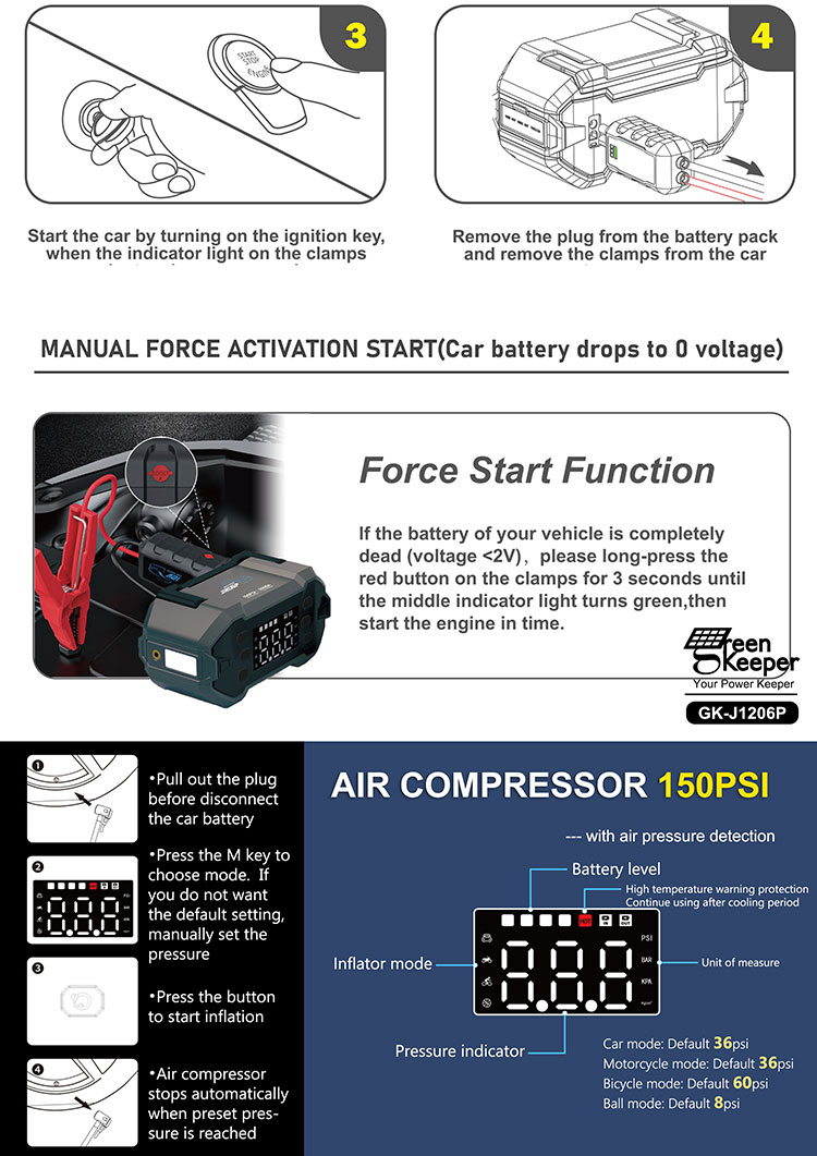 QC 18W Type-C Input Portable Rechargeable Jump Starter with Built-in Battery Booster