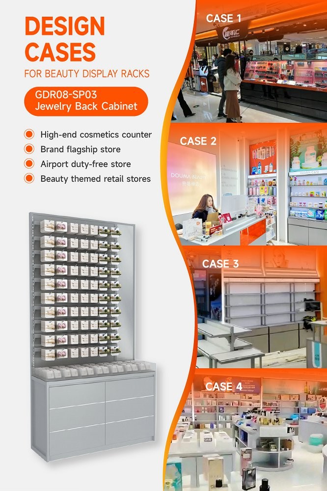 GDR08-SP03 Retail Display Shelf with Hanging Rods and Hooks for Versatile Display Options in Cosmetics Retail Stores